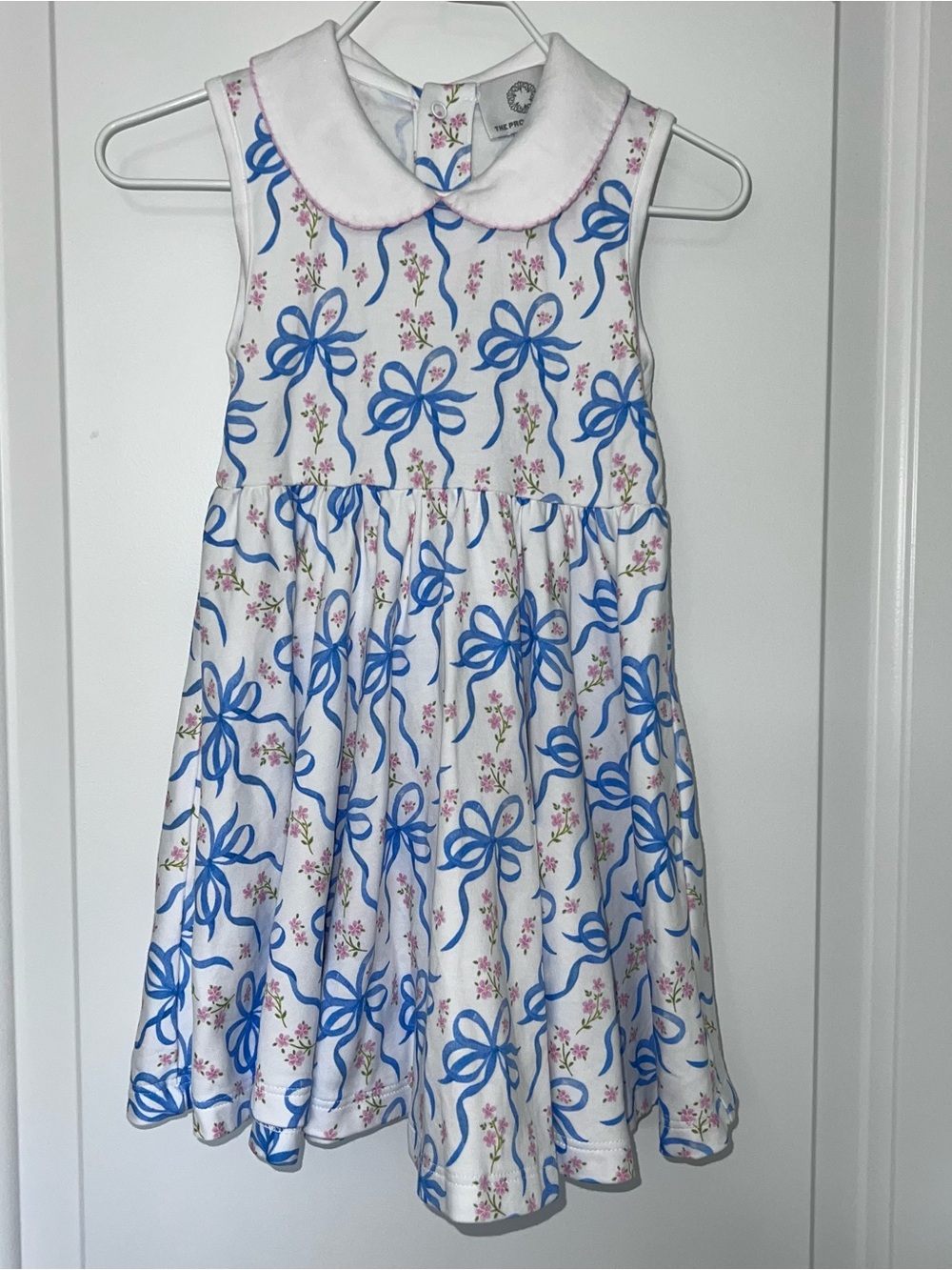 Girls Proper Peony White Dress with Blue Ribbon Print - Classic Peter Pan Collar